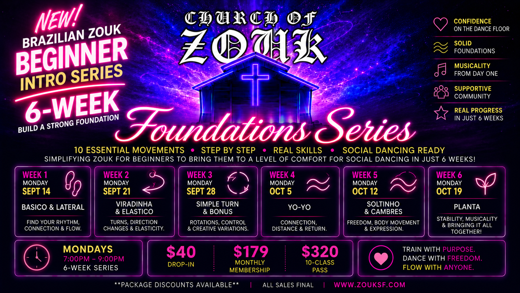 Beginner Foundations Series flyer with the six-week curriculum from September 14 through October 19