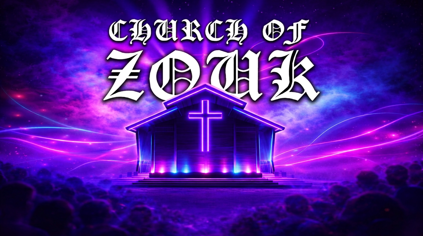 Church of Zouk dancers gathered on church steps under glowing lights